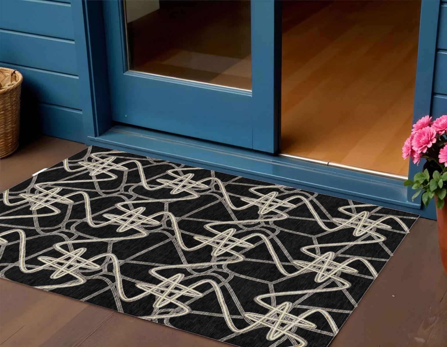 3' X 5' Black Ivory And Brown Geometric Washable Indoor Outdoor Area Rug