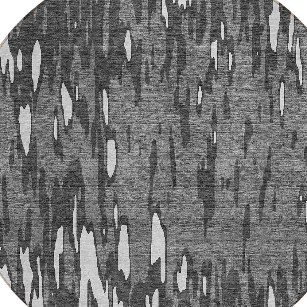 8' Gray And Ivory Round Abstract Washable Indoor Outdoor Area Rug