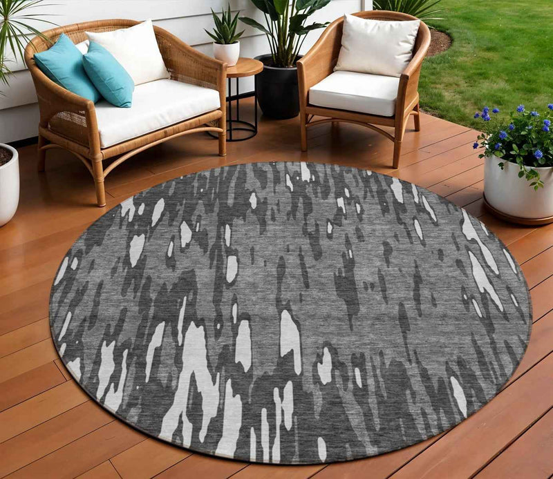 8' Gray And Ivory Round Abstract Washable Indoor Outdoor Area Rug