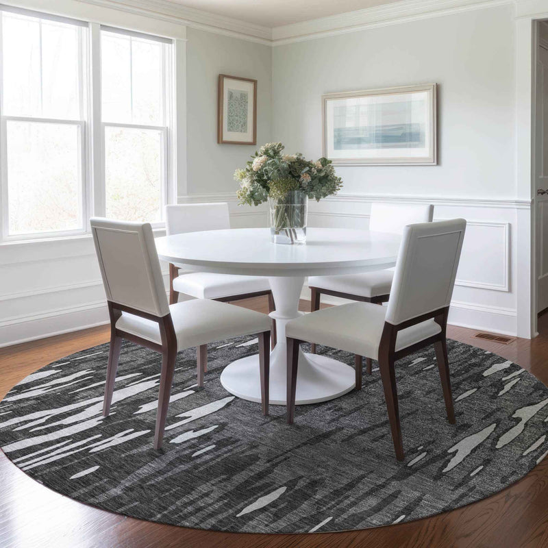 8' Gray And Ivory Round Abstract Washable Indoor Outdoor Area Rug