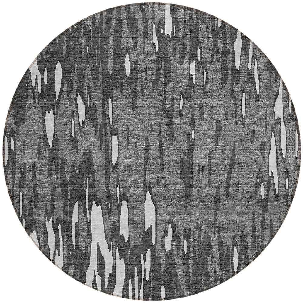 8' Gray And Ivory Round Abstract Washable Indoor Outdoor Area Rug