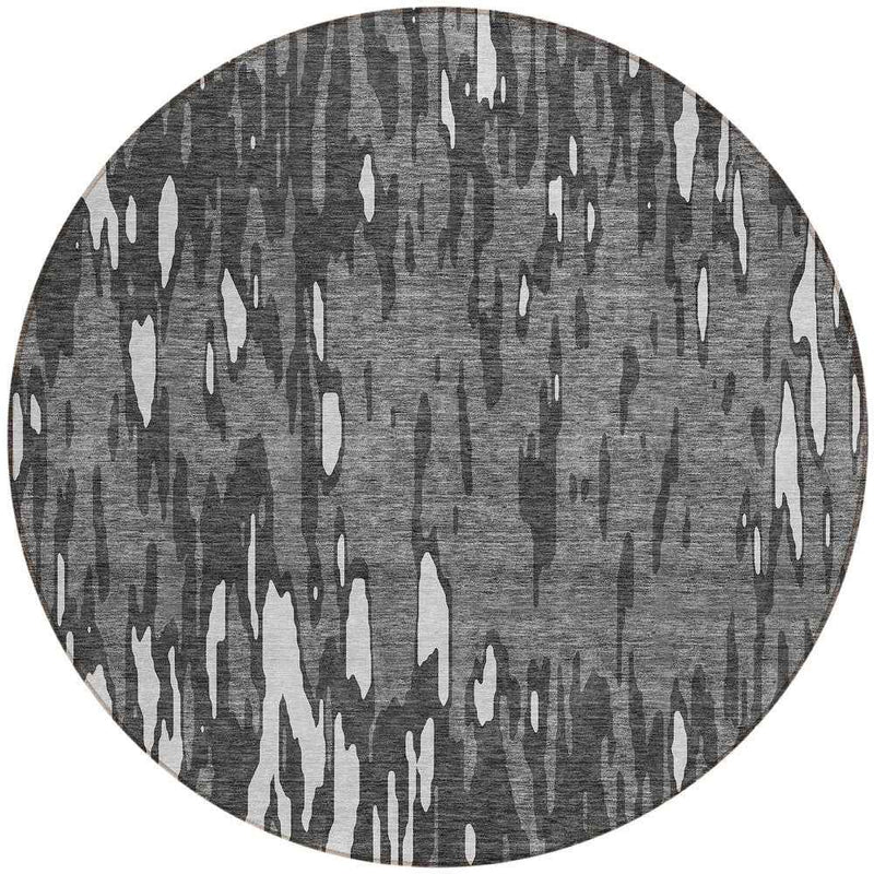 8' Gray And Ivory Round Abstract Washable Indoor Outdoor Area Rug