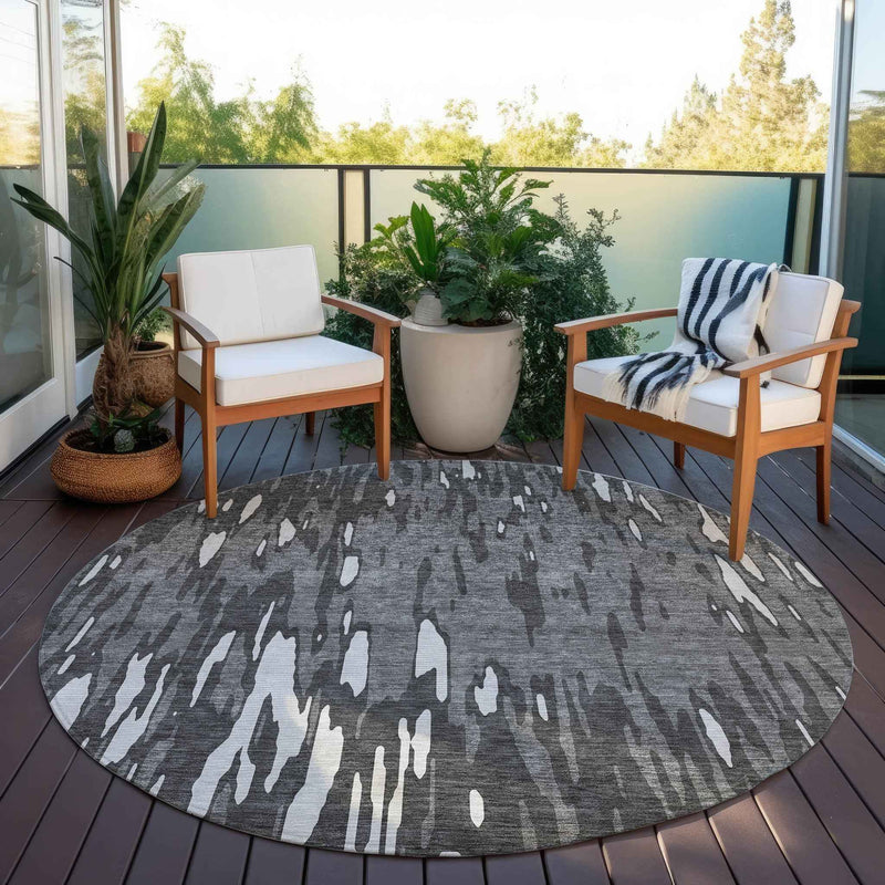 8' Gray And Ivory Round Abstract Washable Indoor Outdoor Area Rug