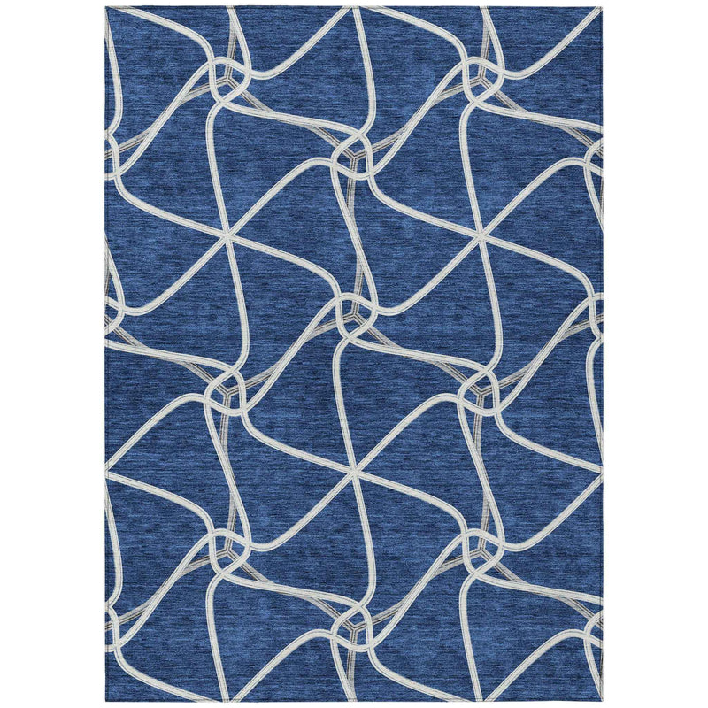 10' X 14' Blue And Ivory Geometric Washable Indoor Outdoor Area Rug