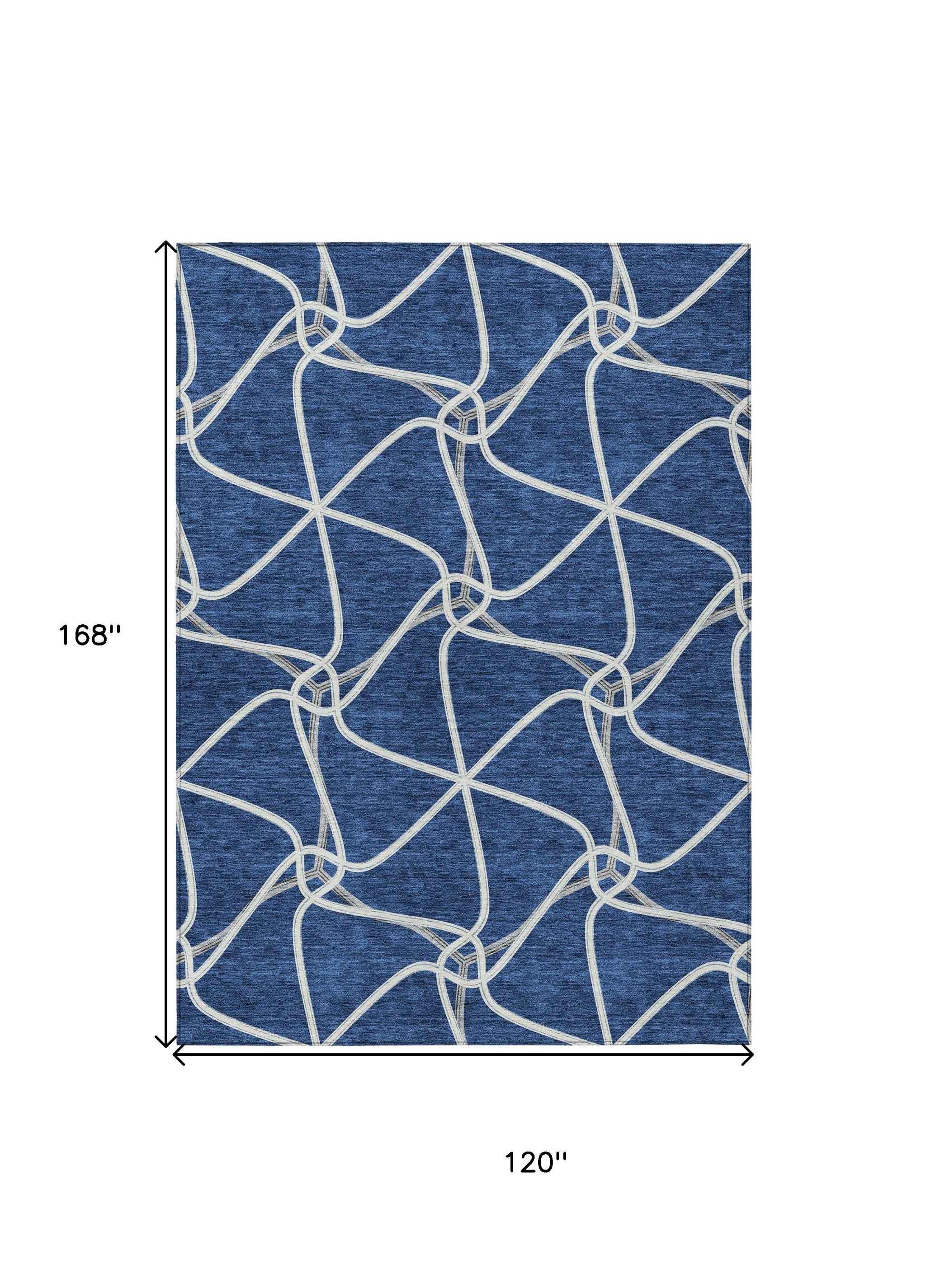 10' X 14' Blue And Ivory Geometric Washable Indoor Outdoor Area Rug