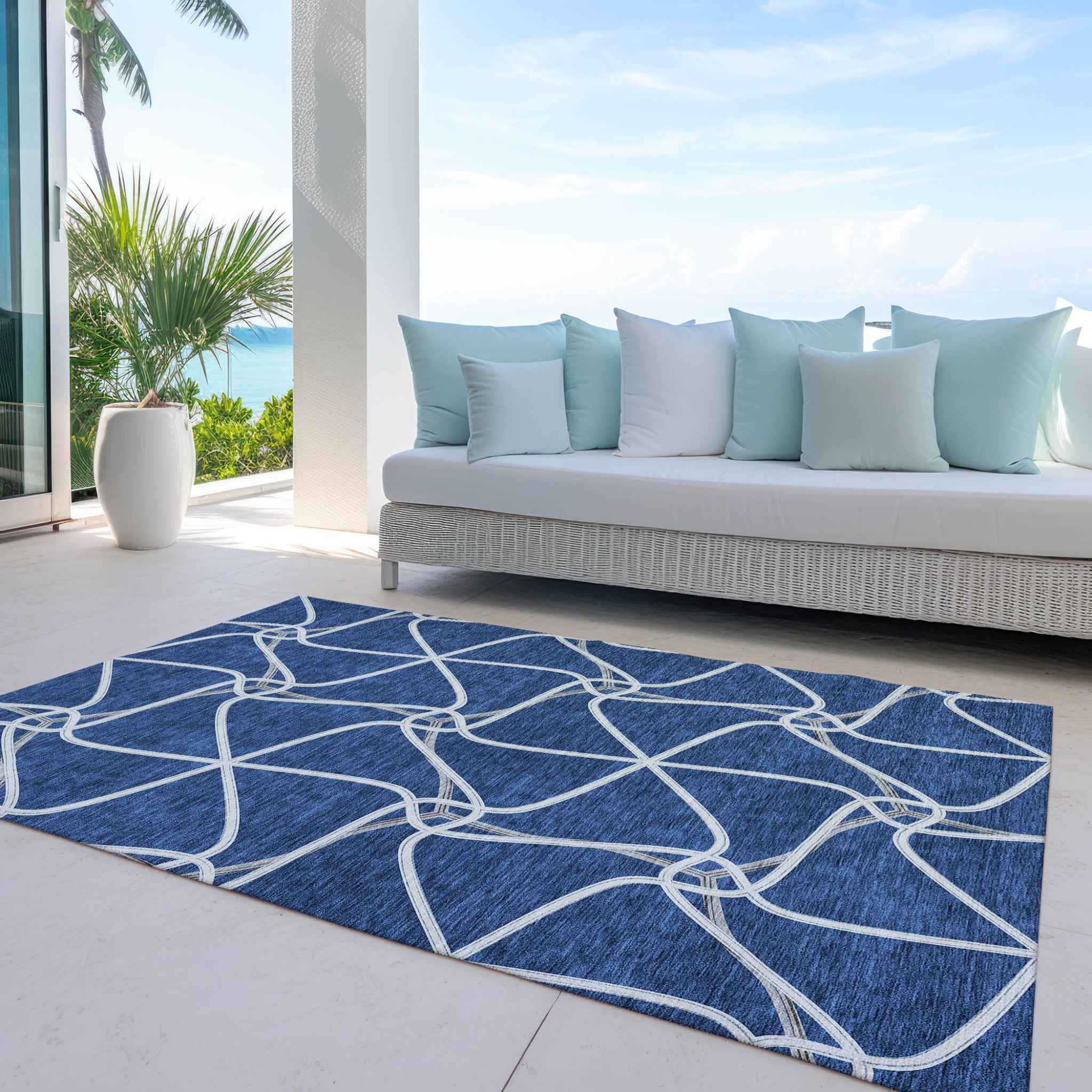 10' X 14' Blue And Ivory Geometric Washable Indoor Outdoor Area Rug
