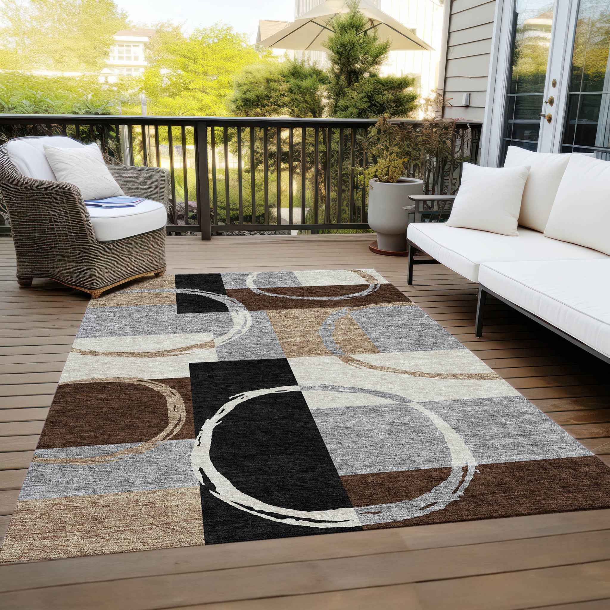 5' X 8' Pewter Gray And Black Geometric Washable Indoor Outdoor Area Rug