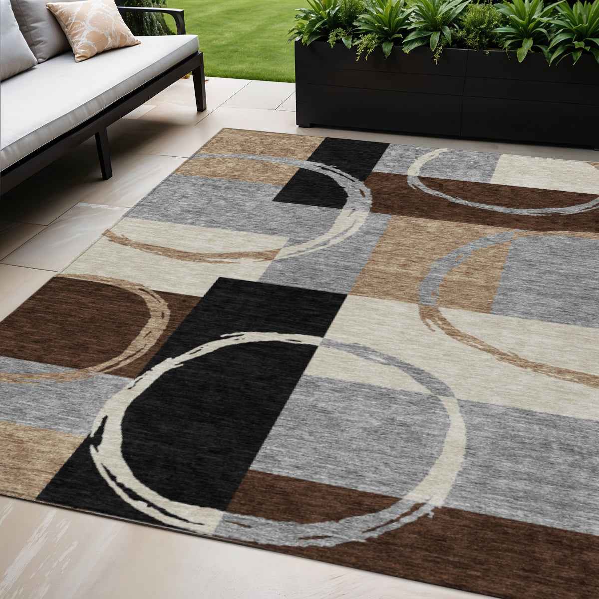5' X 8' Pewter Gray And Black Geometric Washable Indoor Outdoor Area Rug