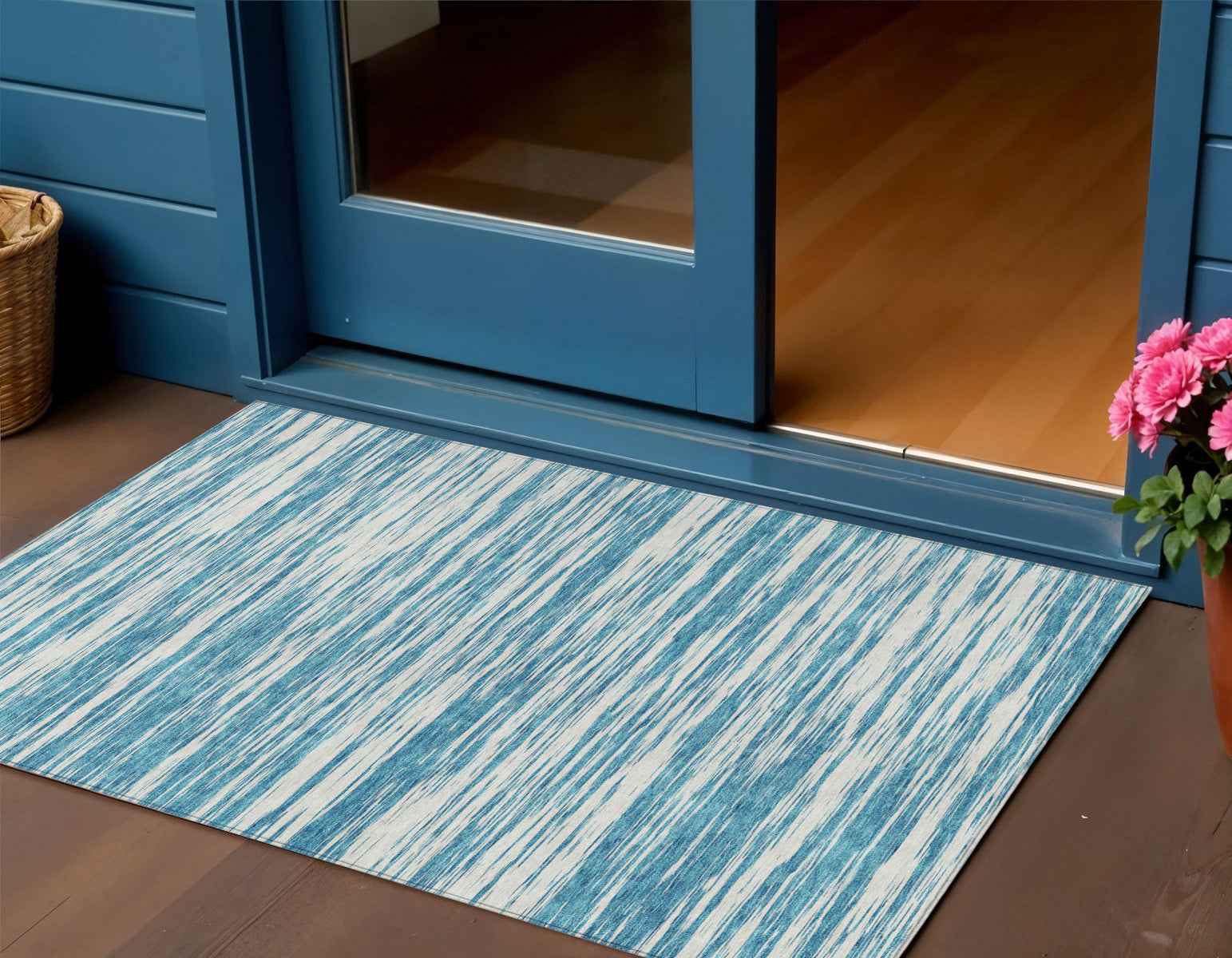 3' X 5' Teal Blue And Ivory Abstract Washable Indoor Outdoor Area Rug