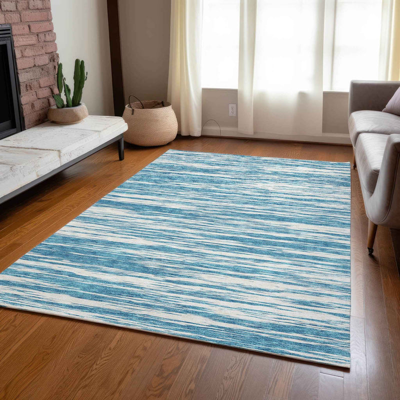 5' X 8' Teal Blue And Ivory Abstract Washable Indoor Outdoor Area Rug