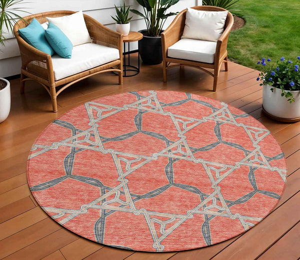 8' Coral And Taupe Round Geometric Washable Indoor Outdoor Area Rug