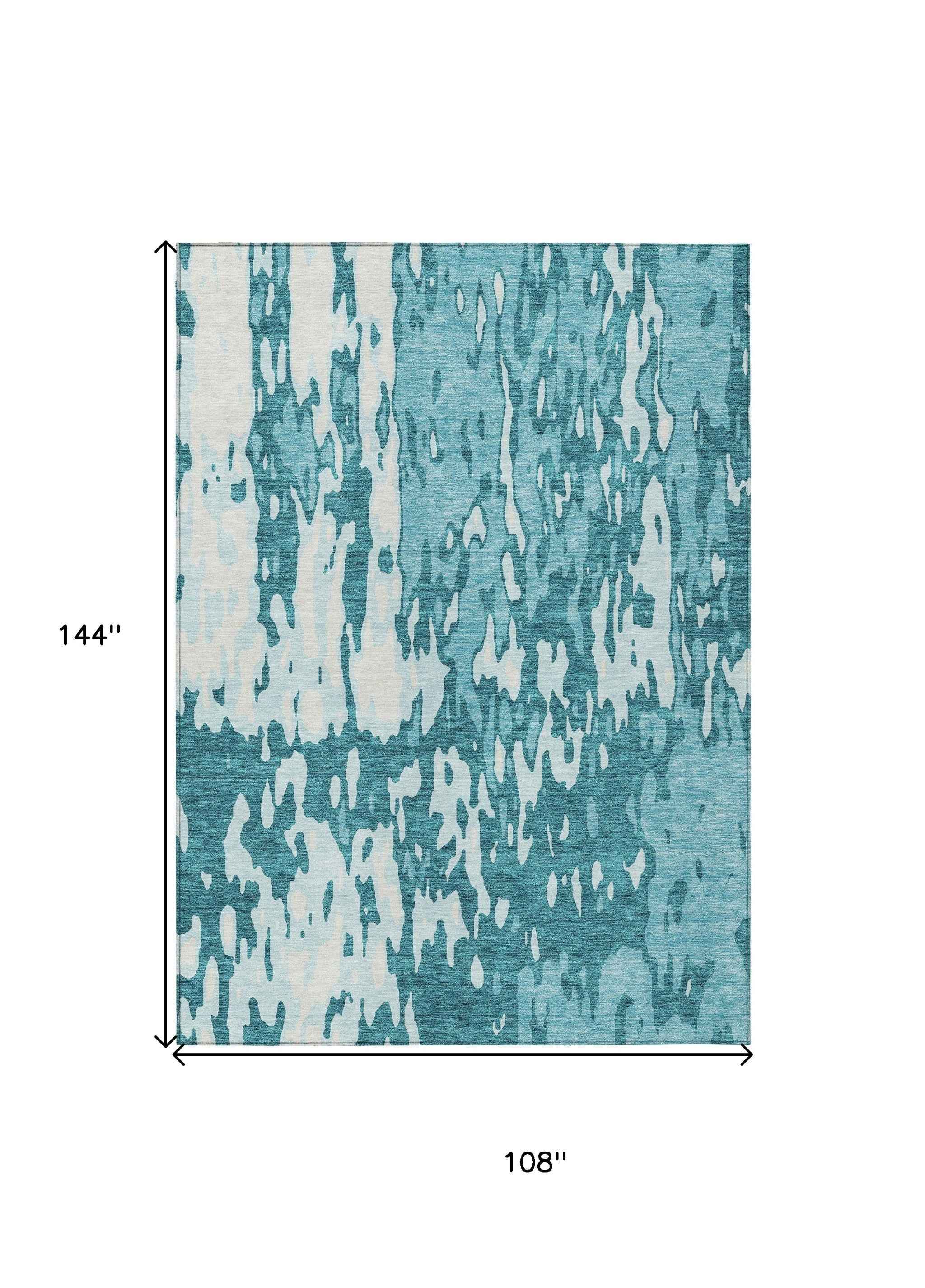 9' X 12' Teal Blue And Ivory Abstract Washable Indoor Outdoor Area Rug