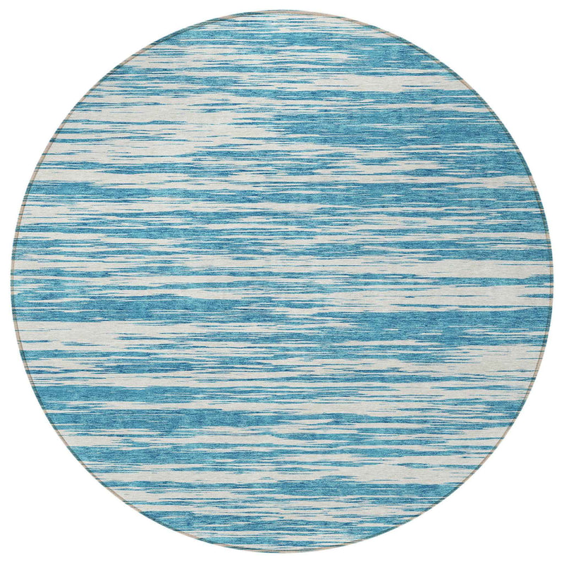 8' Teal Blue And Ivory Round Abstract Washable Indoor Outdoor Area Rug
