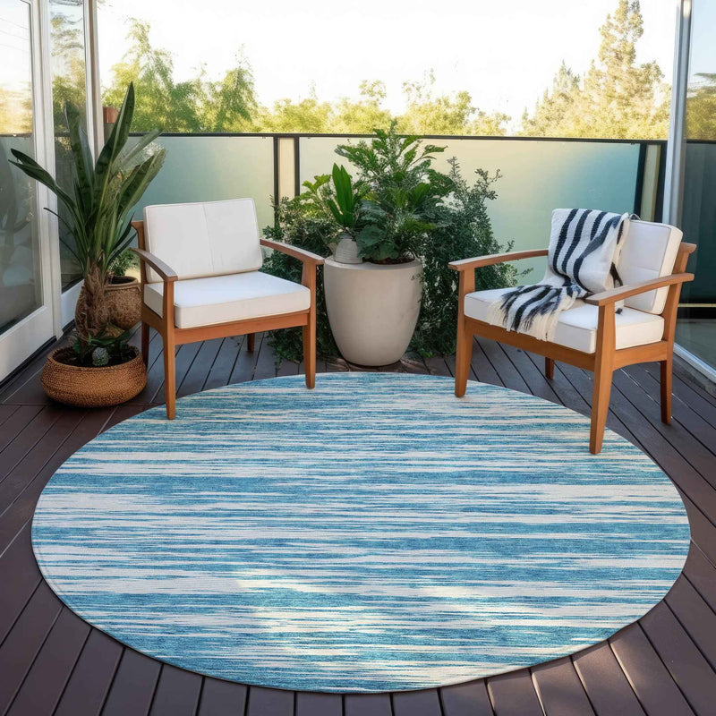 8' Teal Blue And Ivory Round Abstract Washable Indoor Outdoor Area Rug