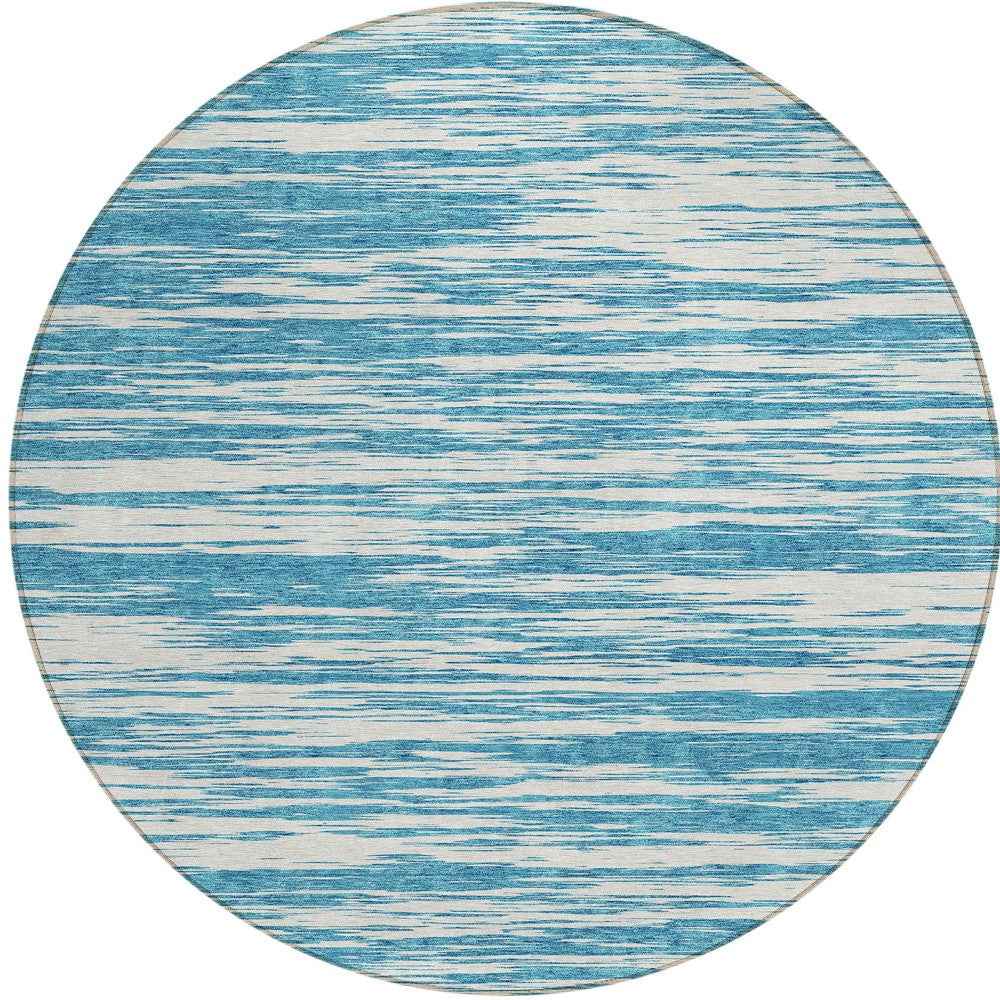 8' Teal Blue And Ivory Round Abstract Washable Indoor Outdoor Area Rug