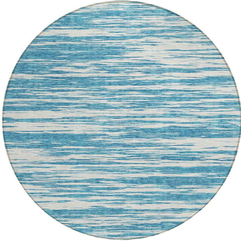 8' Teal Blue And Ivory Round Abstract Washable Indoor Outdoor Area Rug
