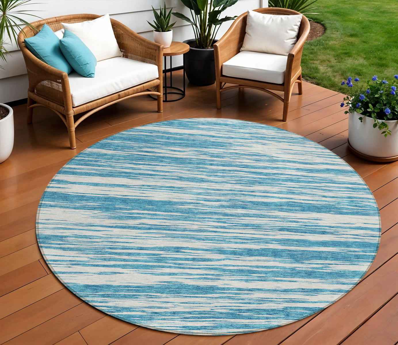 8' Teal Blue And Ivory Round Abstract Washable Indoor Outdoor Area Rug