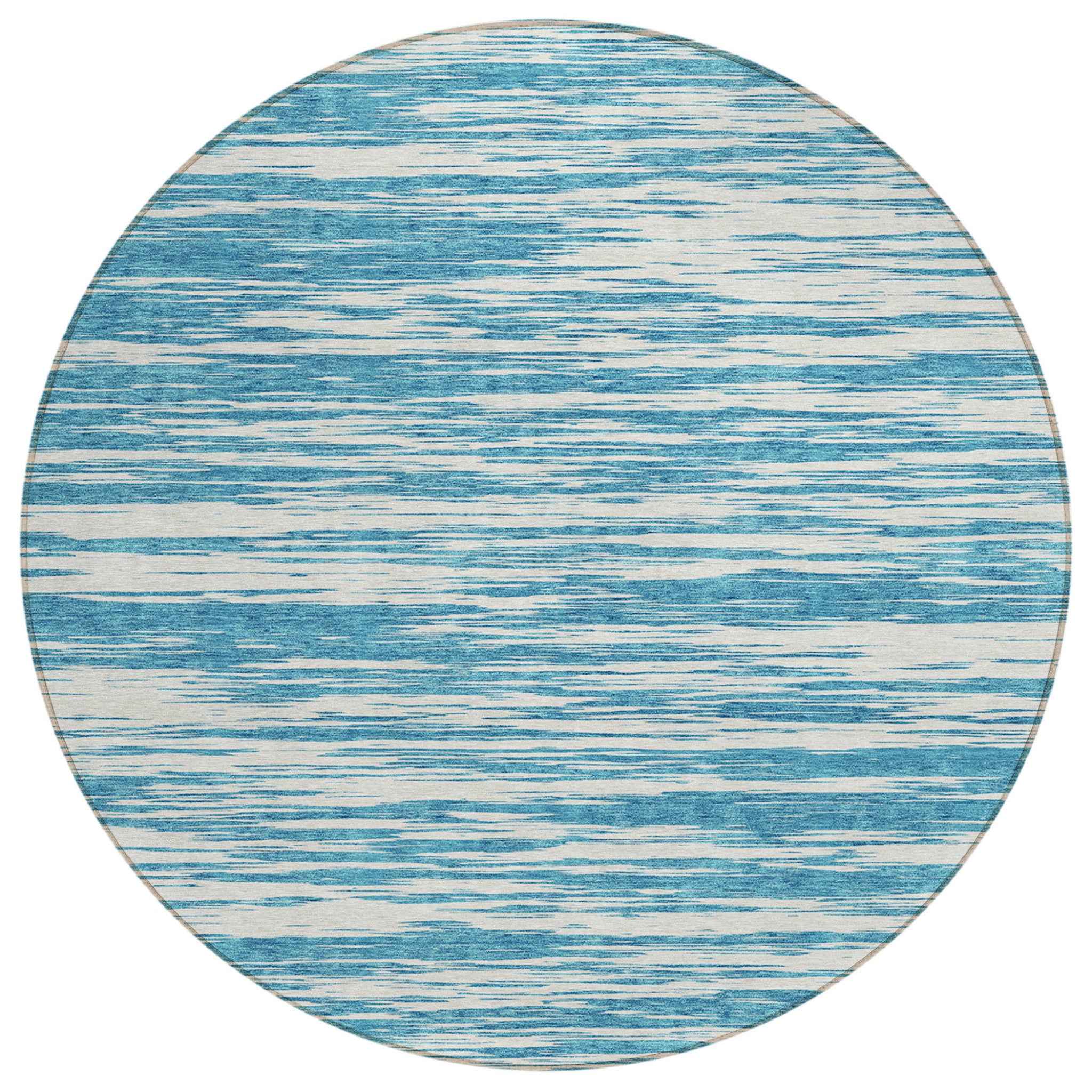 8' Teal Blue And Ivory Round Abstract Washable Indoor Outdoor Area Rug