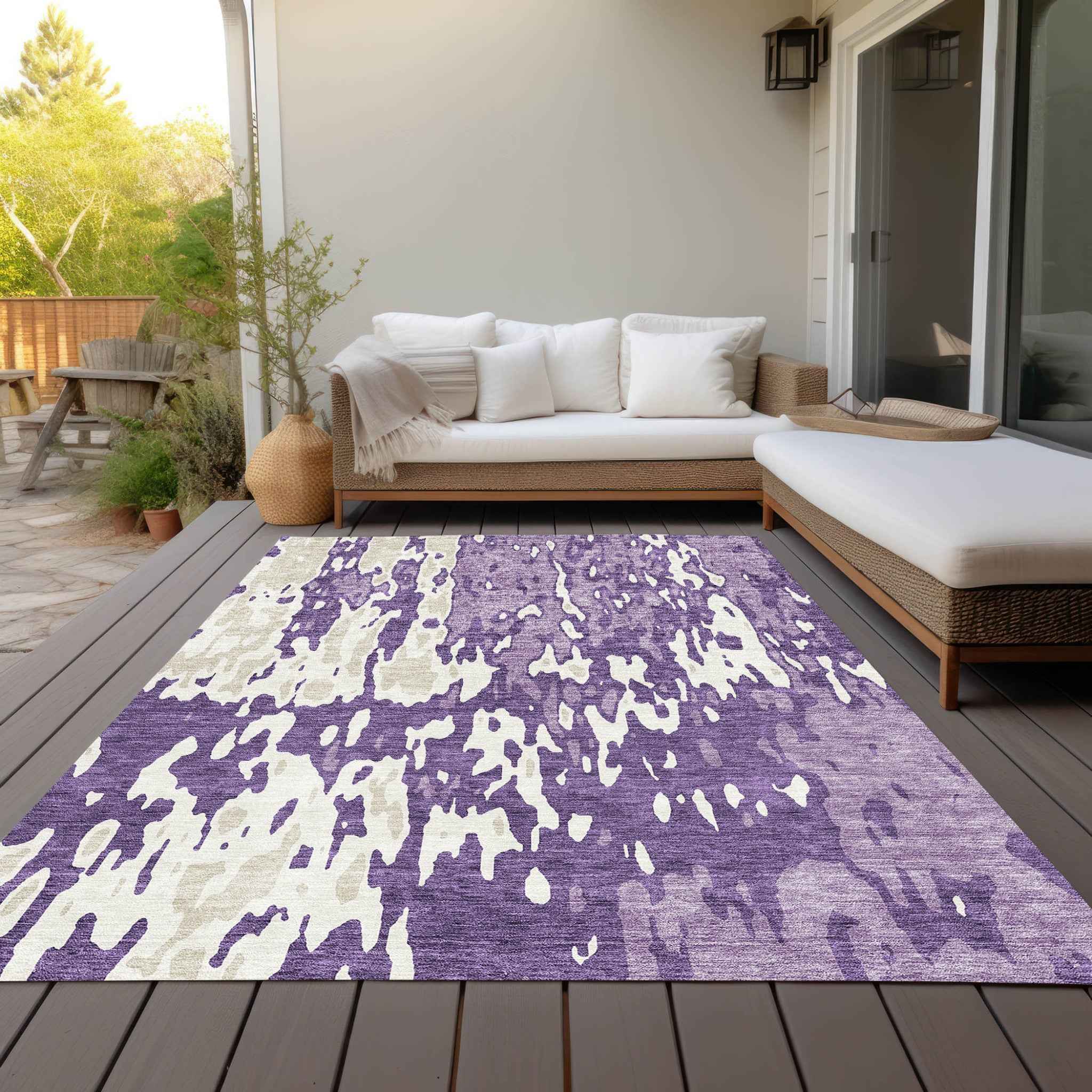 9' X 12' Purple And Ivory Abstract Washable Indoor Outdoor Area Rug