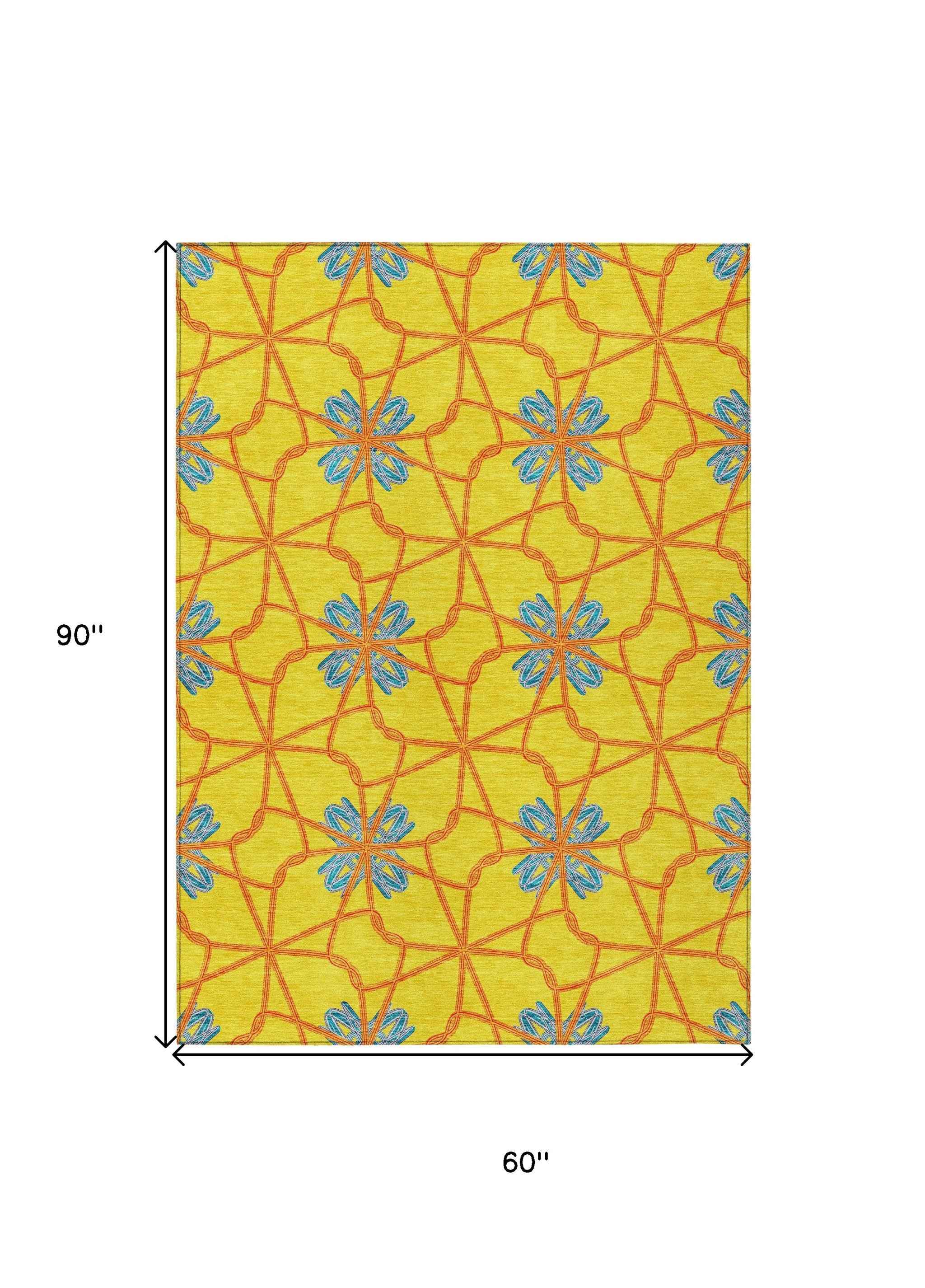 5' X 8' Yellow And Teal Blue Geometric Washable Indoor Outdoor Area Rug