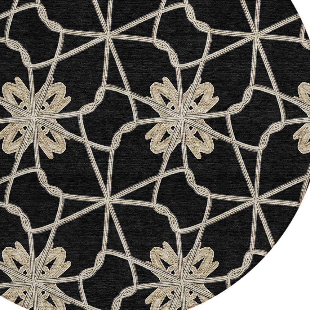 8' Black And Ivory Round Geometric Washable Indoor Outdoor Area Rug