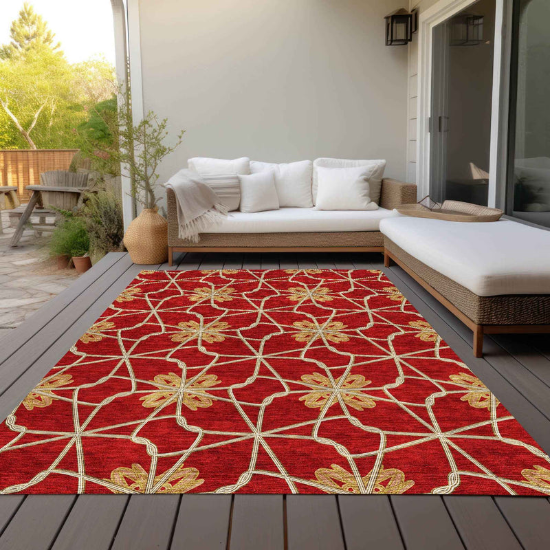 8' X 10' Orange And Gold Geometric Washable Indoor Outdoor Area Rug