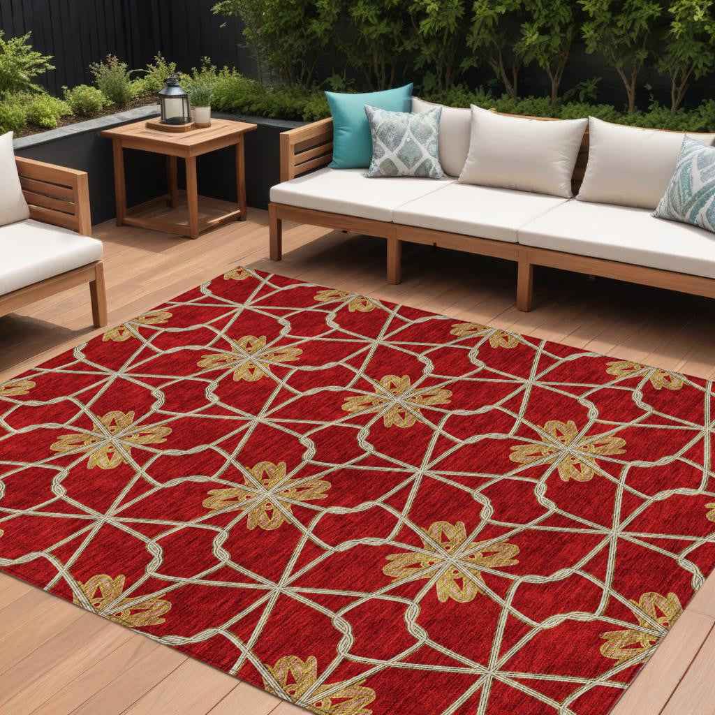 8' X 10' Orange And Gold Geometric Washable Indoor Outdoor Area Rug