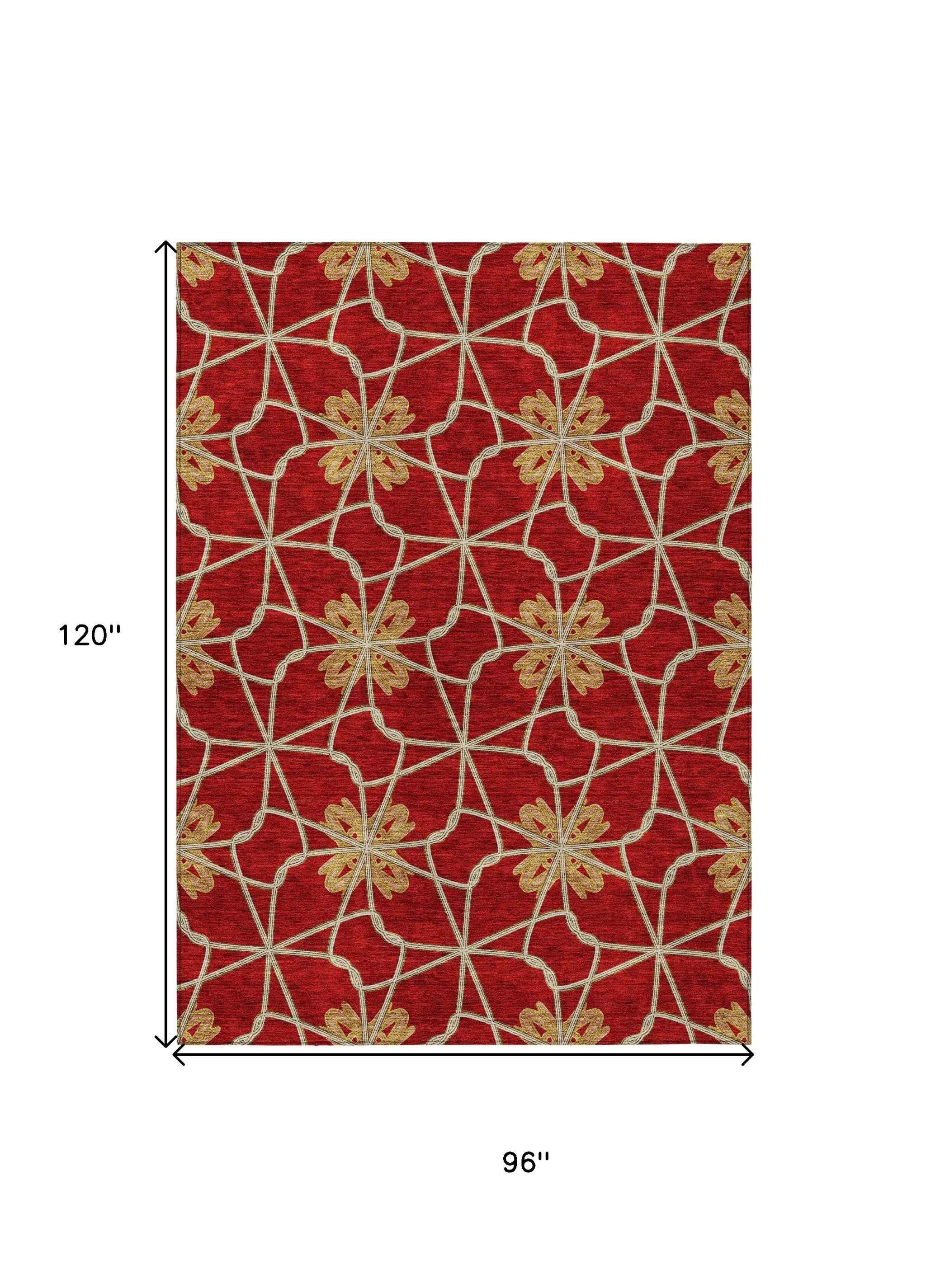 8' X 10' Orange And Gold Geometric Washable Indoor Outdoor Area Rug