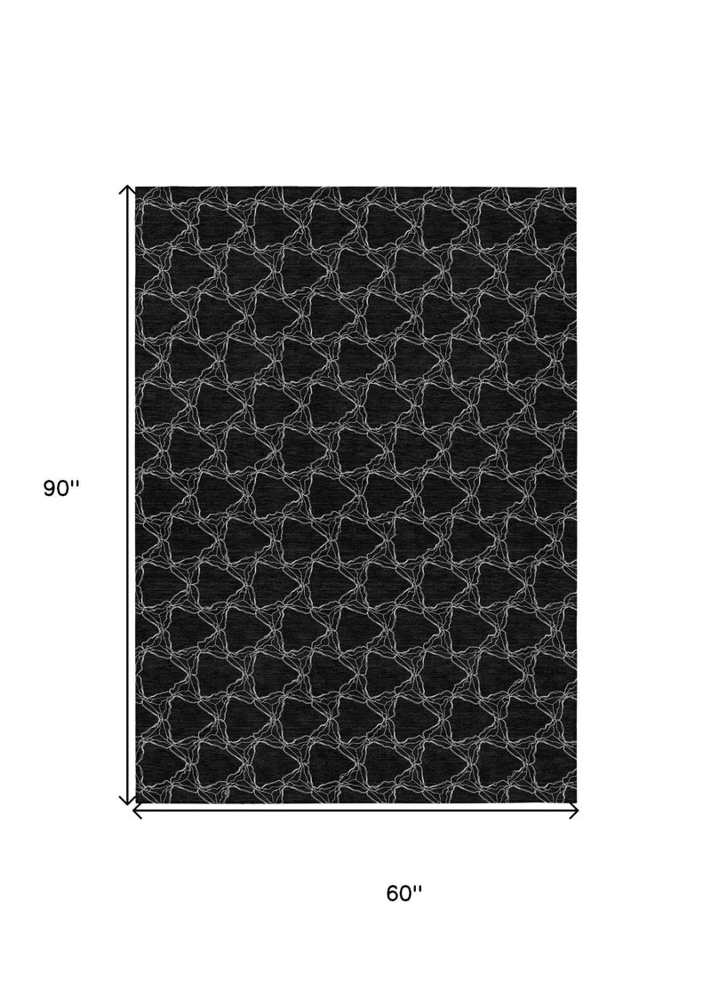 5' X 8' Black And White Geometric Washable Indoor Outdoor Area Rug