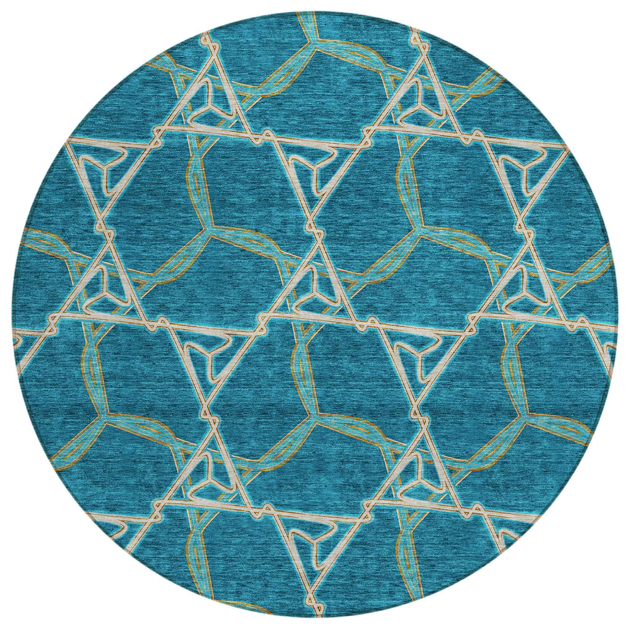 8' Teal Blue And Beige Round Geometric Washable Indoor Outdoor Area Rug