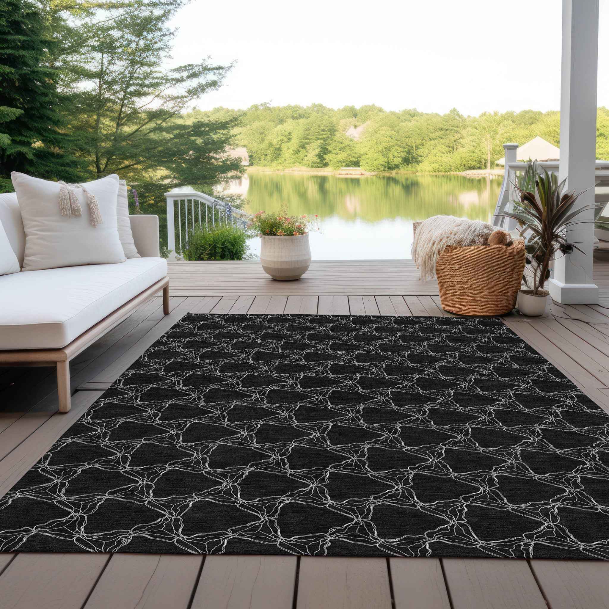 5' X 8' Black And White Geometric Washable Indoor Outdoor Area Rug