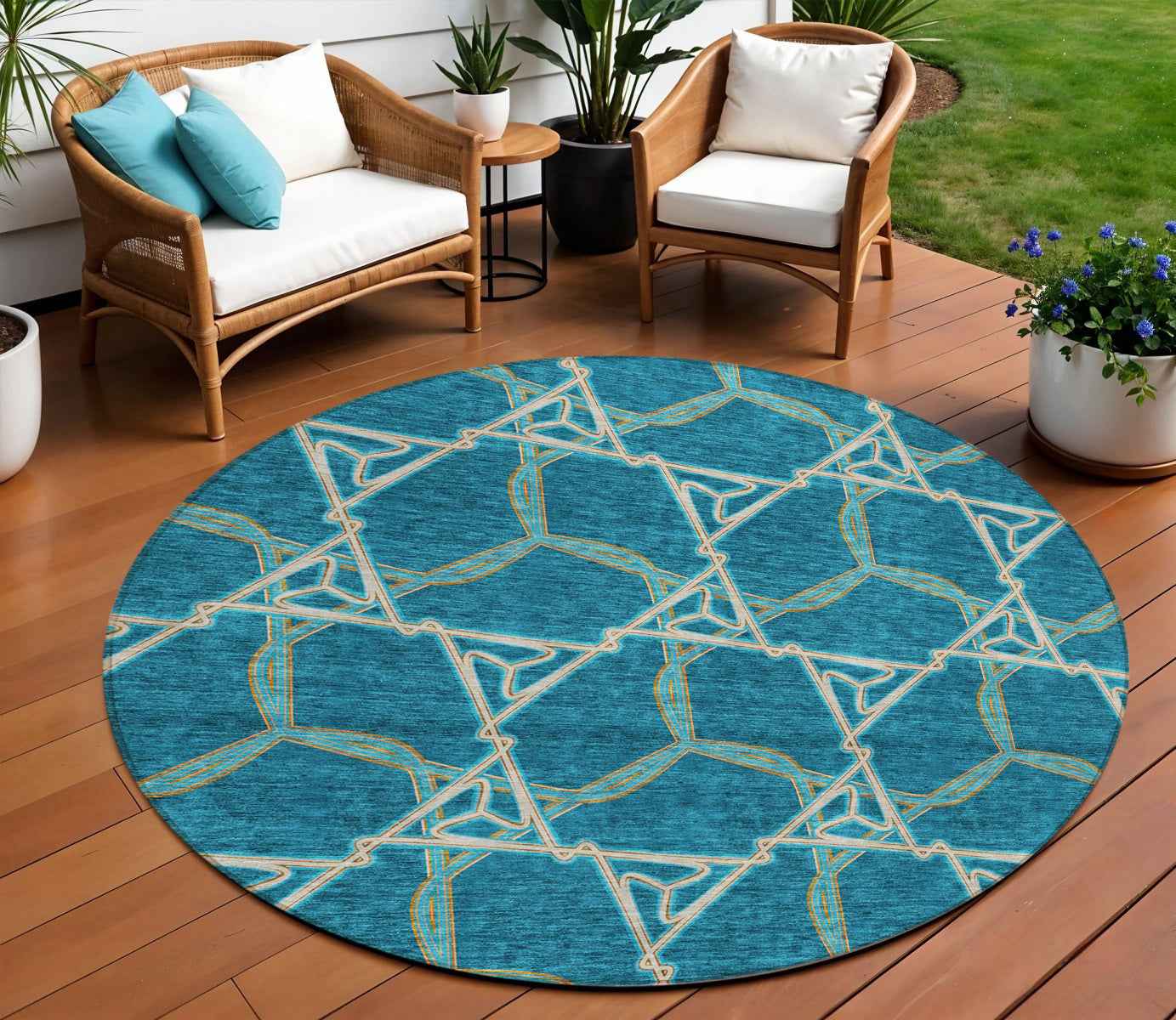 8' Teal Blue And Beige Round Geometric Washable Indoor Outdoor Area Rug