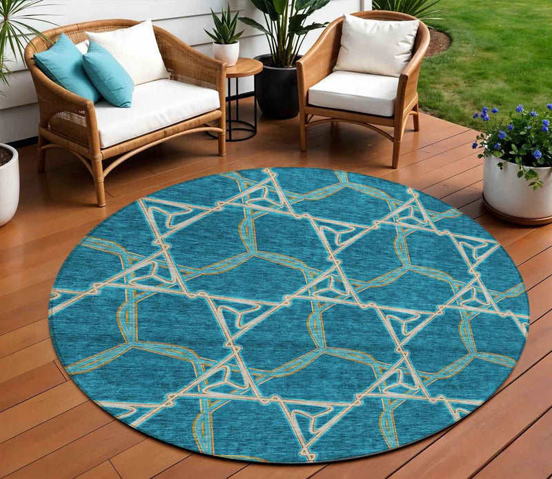8' Teal Blue And Beige Round Geometric Washable Indoor Outdoor Area Rug