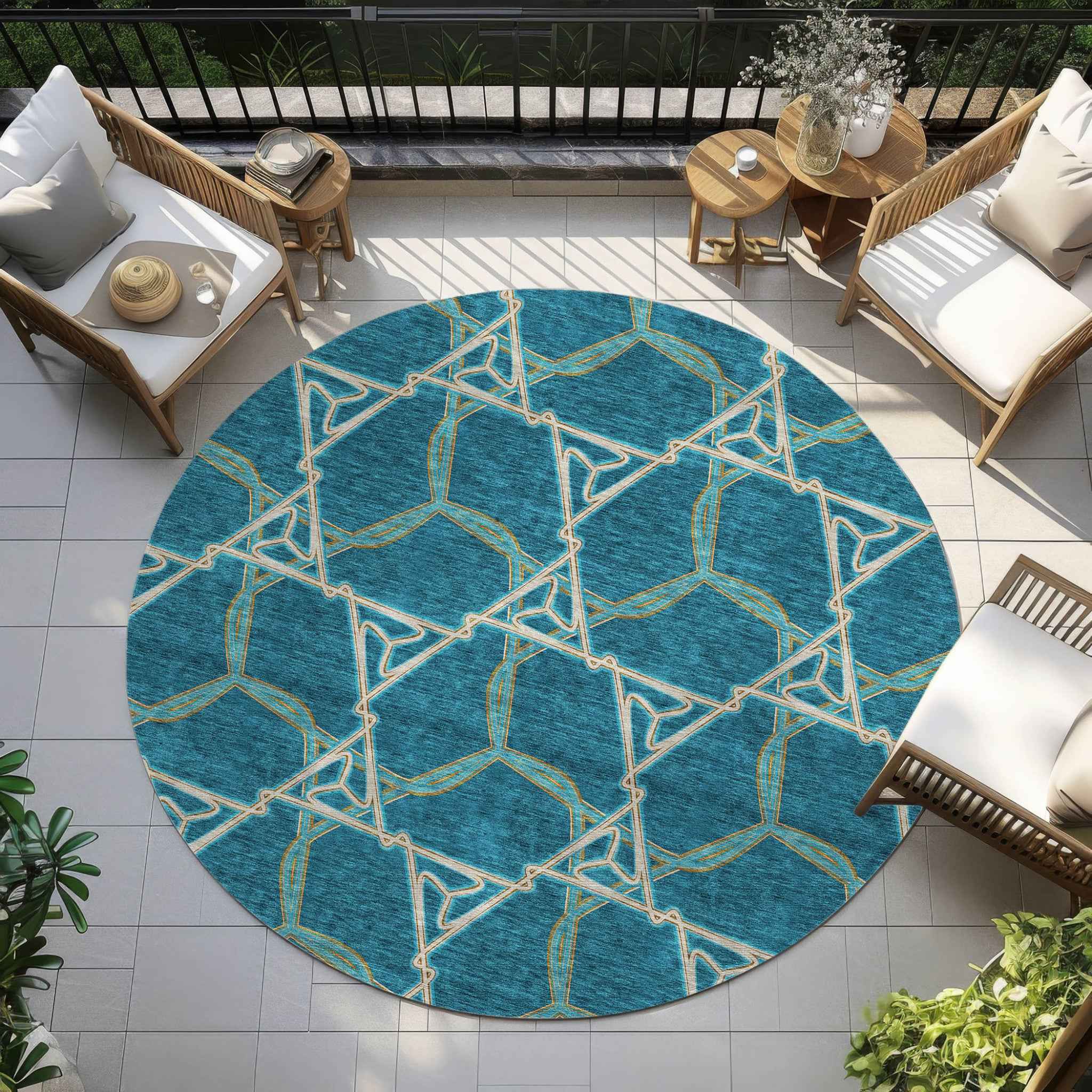 8' Teal Blue And Beige Round Geometric Washable Indoor Outdoor Area Rug