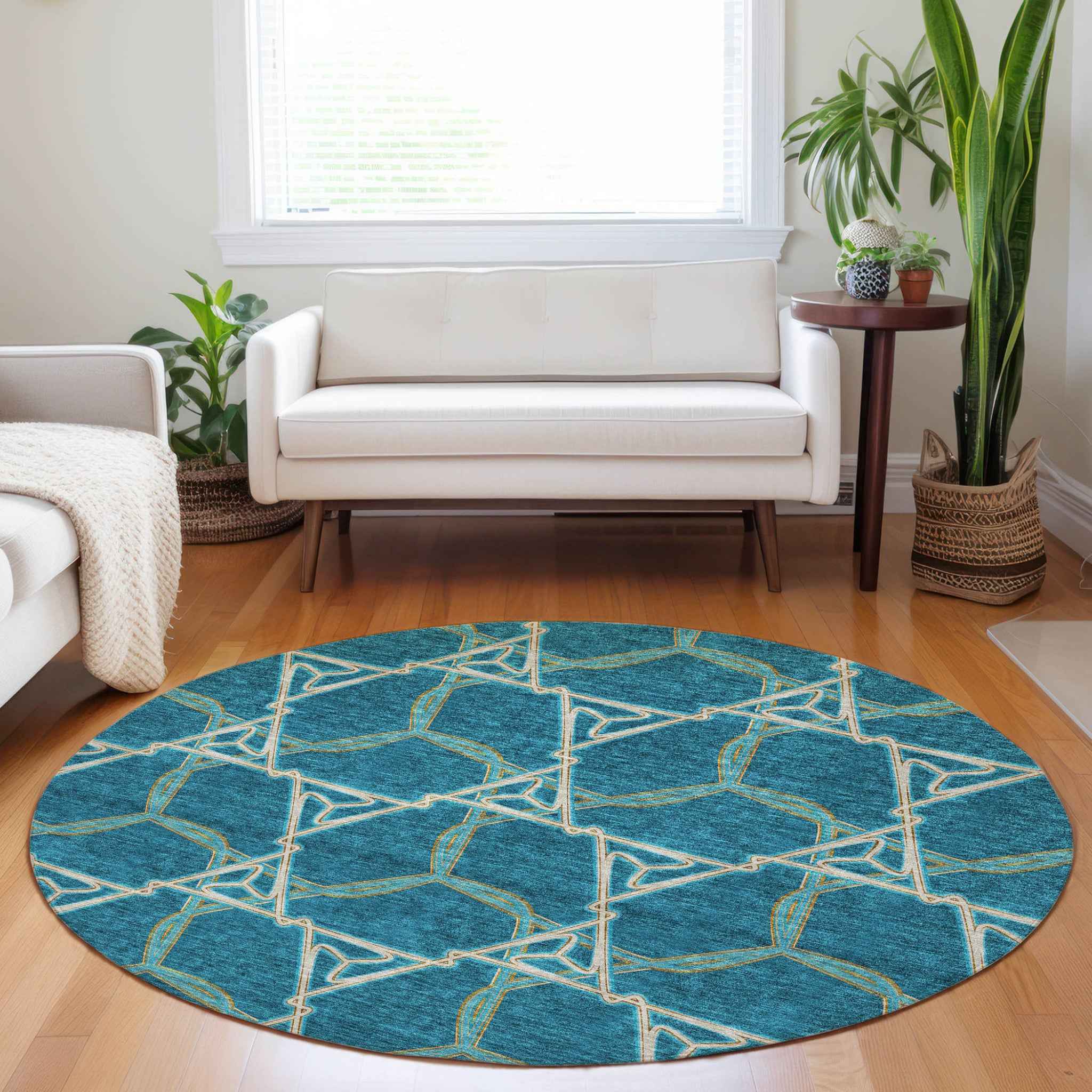 8' Teal Blue And Beige Round Geometric Washable Indoor Outdoor Area Rug