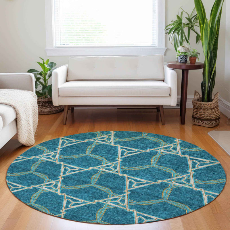8' Teal Blue And Beige Round Geometric Washable Indoor Outdoor Area Rug