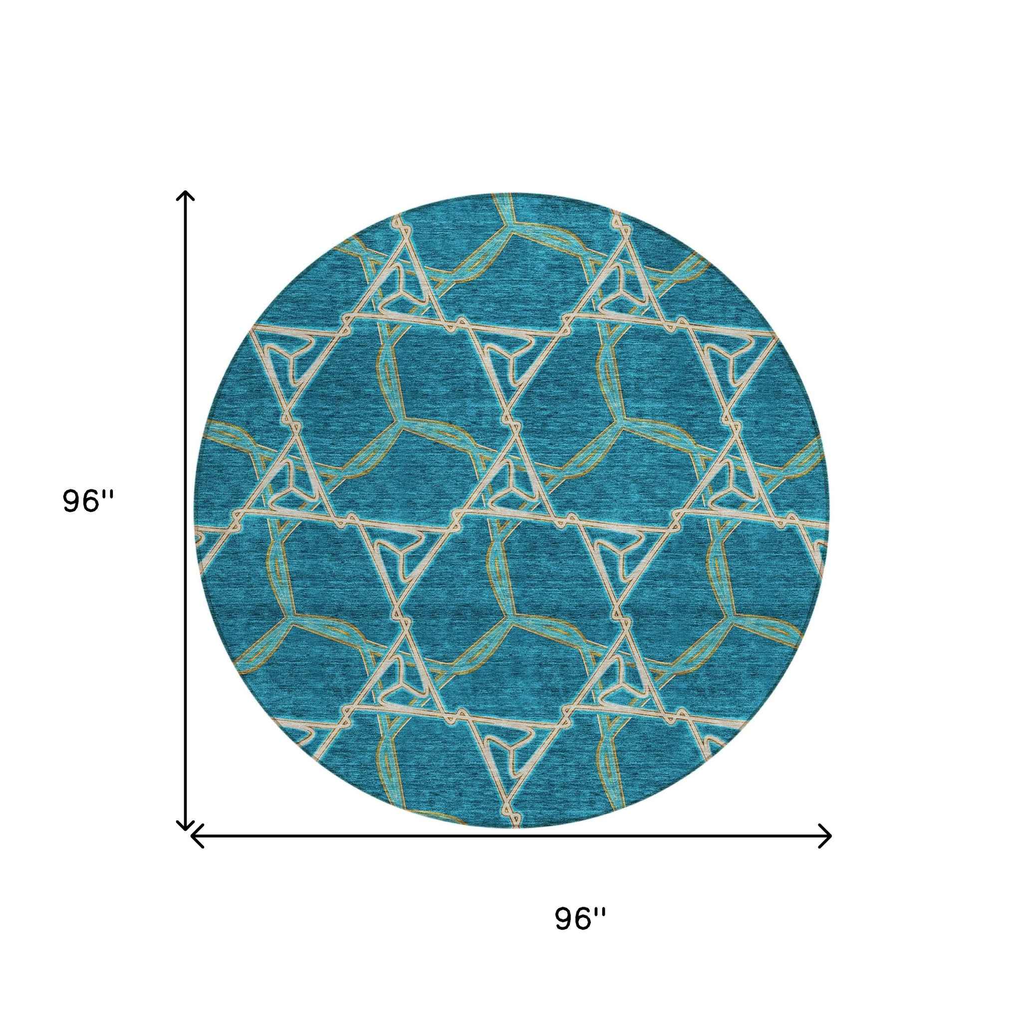 8' Teal Blue And Beige Round Geometric Washable Indoor Outdoor Area Rug