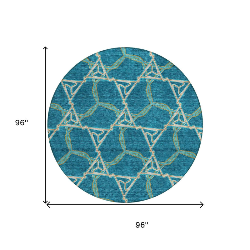 8' Teal Blue And Beige Round Geometric Washable Indoor Outdoor Area Rug