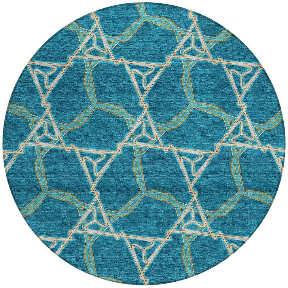 8' Teal Blue And Beige Round Geometric Washable Indoor Outdoor Area Rug