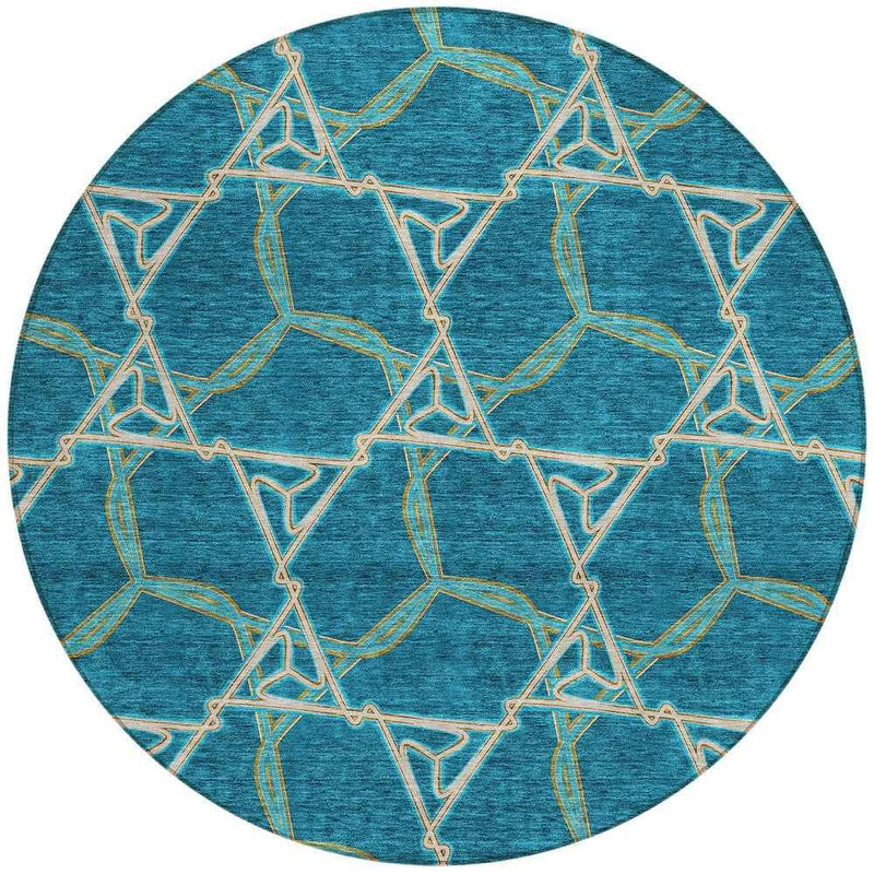 8' Teal Blue And Beige Round Geometric Washable Indoor Outdoor Area Rug