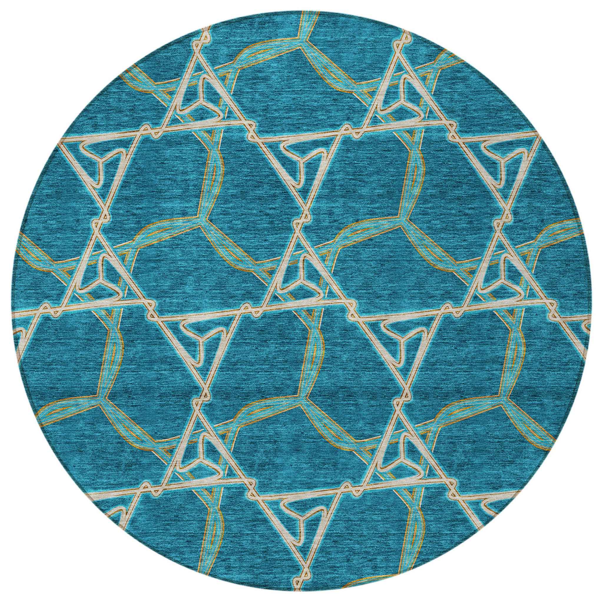 8' Teal Blue And Beige Round Geometric Washable Indoor Outdoor Area Rug