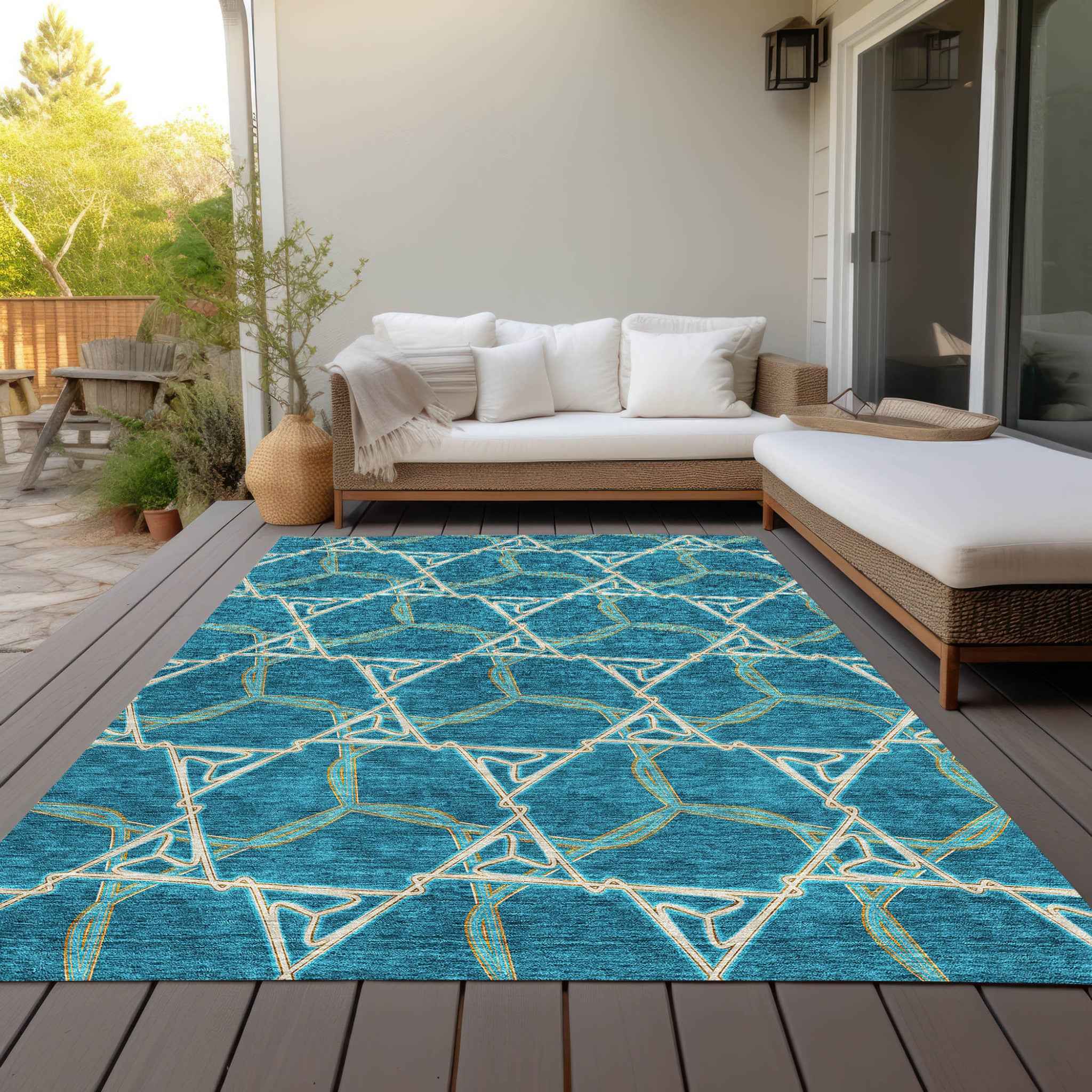 5' X 8' Teal Blue And Beige Geometric Washable Indoor Outdoor Area Rug