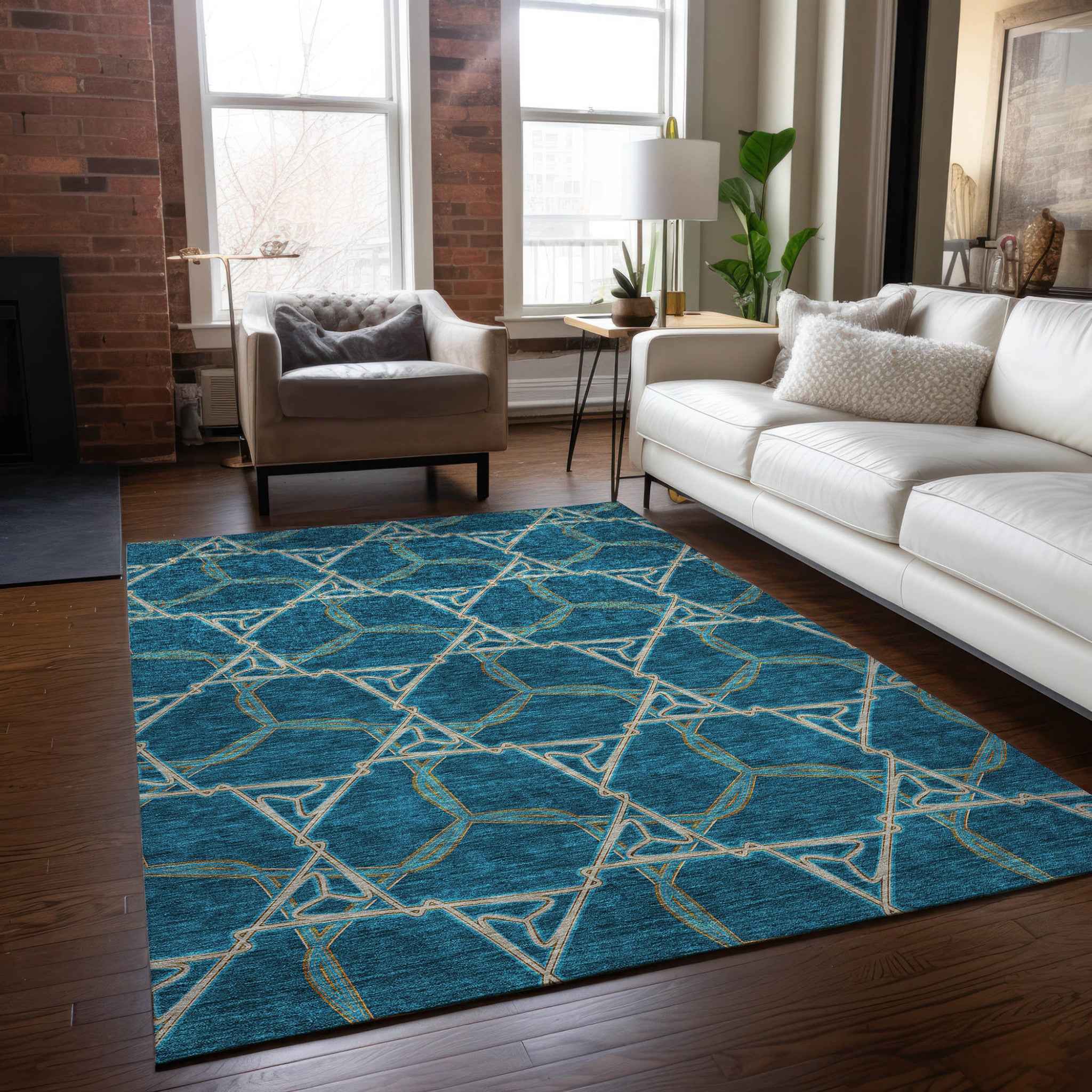 5' X 8' Teal Blue And Beige Geometric Washable Indoor Outdoor Area Rug