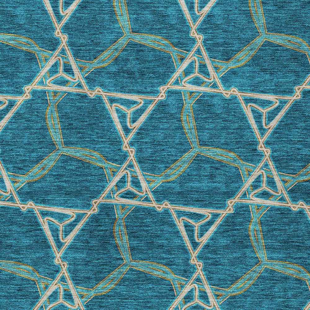 5' X 8' Teal Blue And Beige Geometric Washable Indoor Outdoor Area Rug