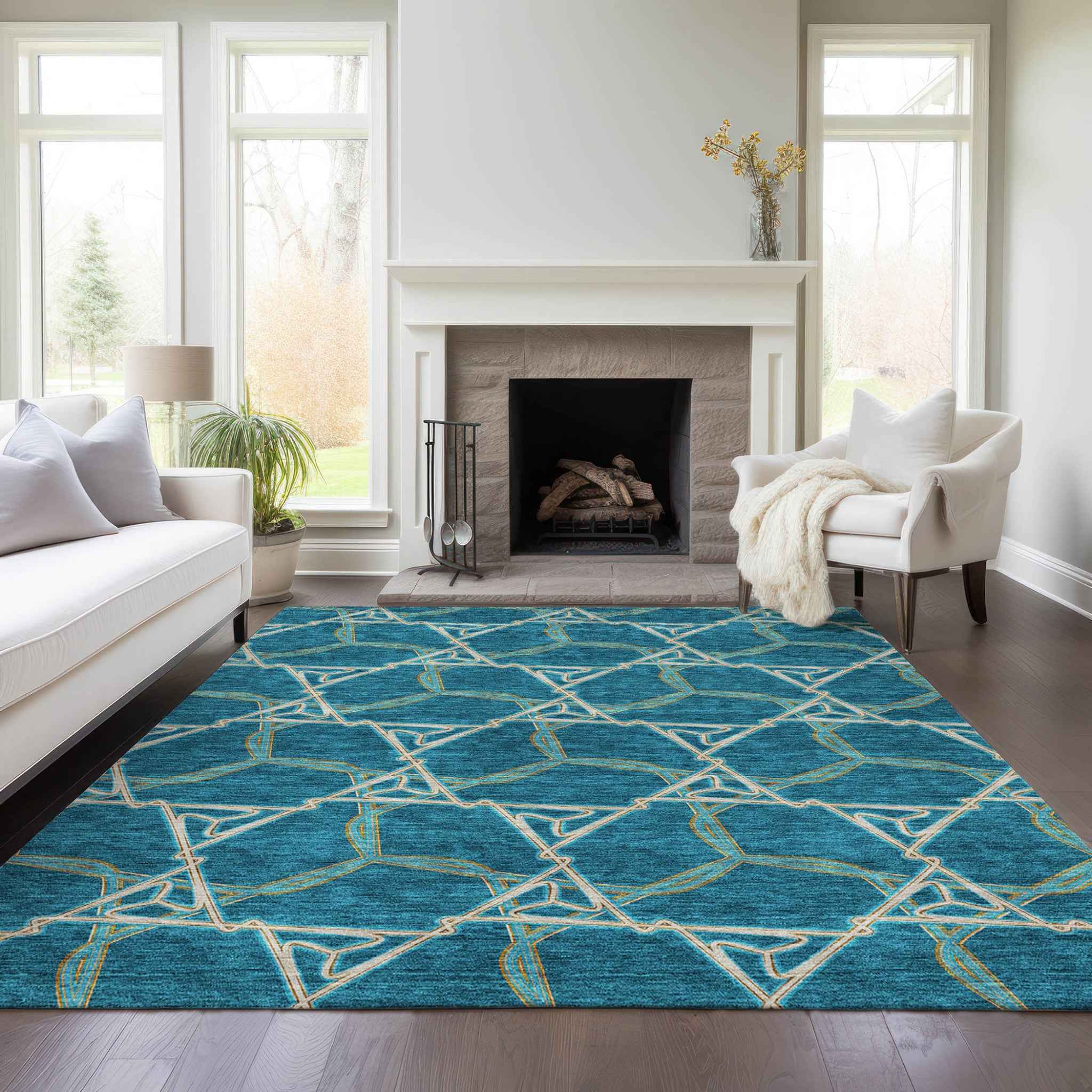 5' X 8' Teal Blue And Beige Geometric Washable Indoor Outdoor Area Rug