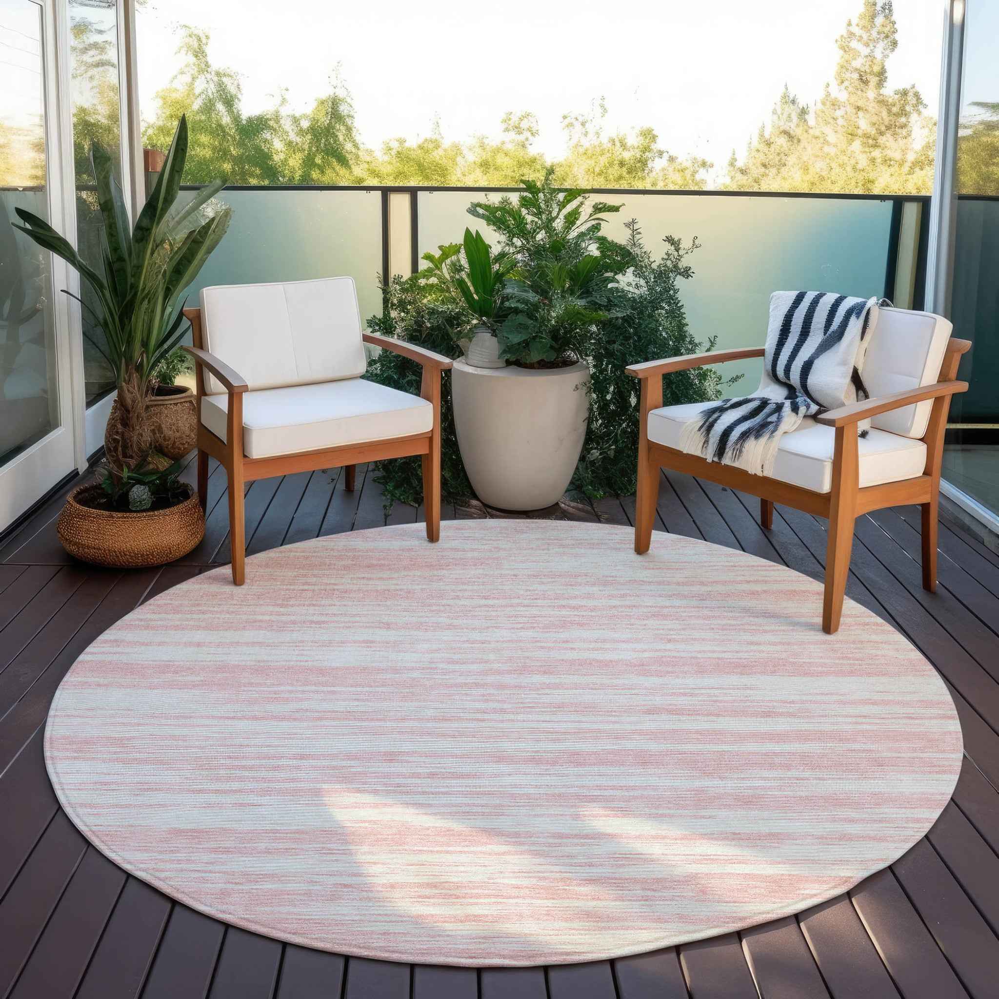 8' Pink And Ivory Round Abstract Washable Indoor Outdoor Area Rug