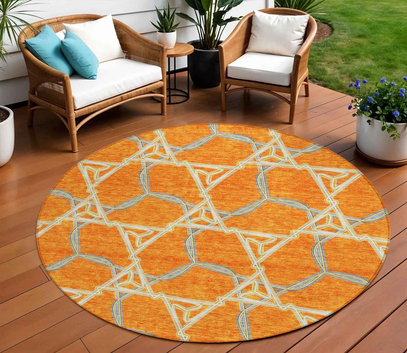 8' Orange And Blue Round Geometric Washable Indoor Outdoor Area Rug