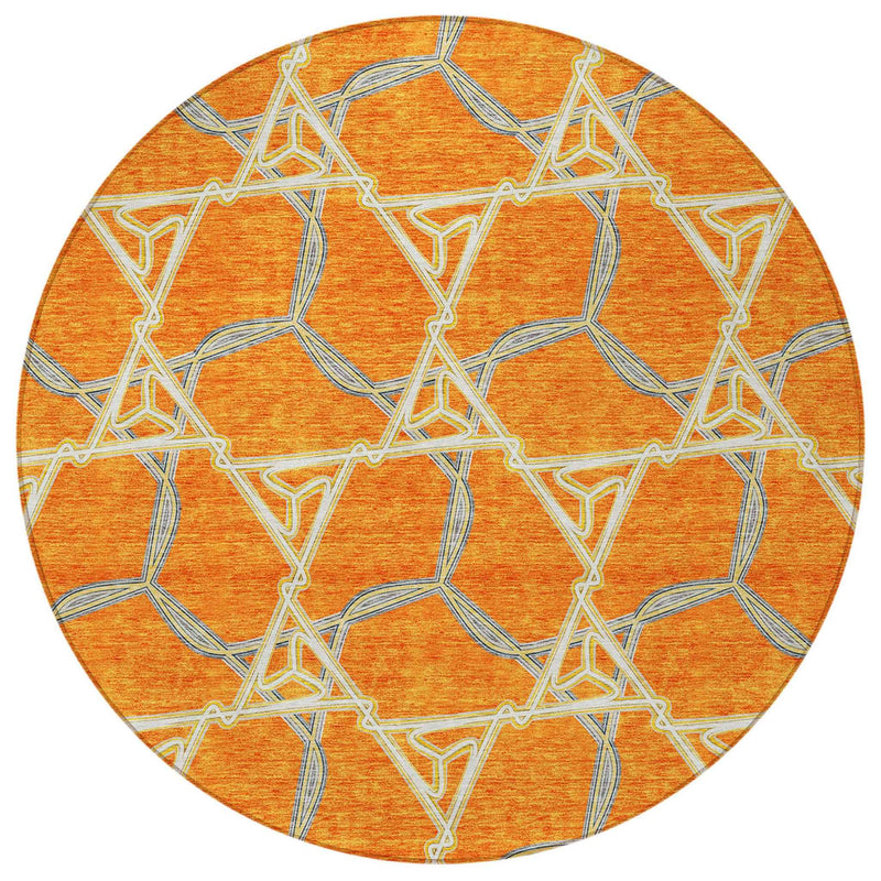 8' Orange And Blue Round Geometric Washable Indoor Outdoor Area Rug