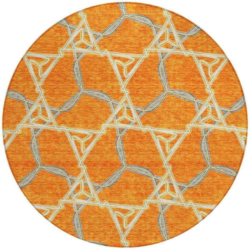 8' Orange And Blue Round Geometric Washable Indoor Outdoor Area Rug