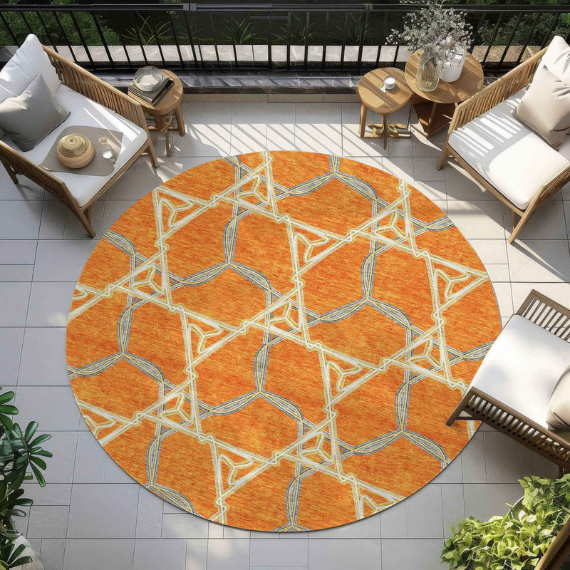 8' Orange And Blue Round Geometric Washable Indoor Outdoor Area Rug